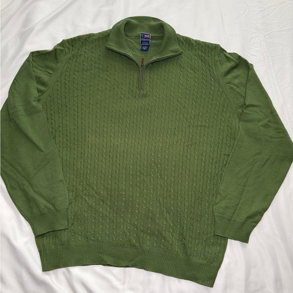 VTG T Harris Men's Green 1/4 Zip cable knit Sweater